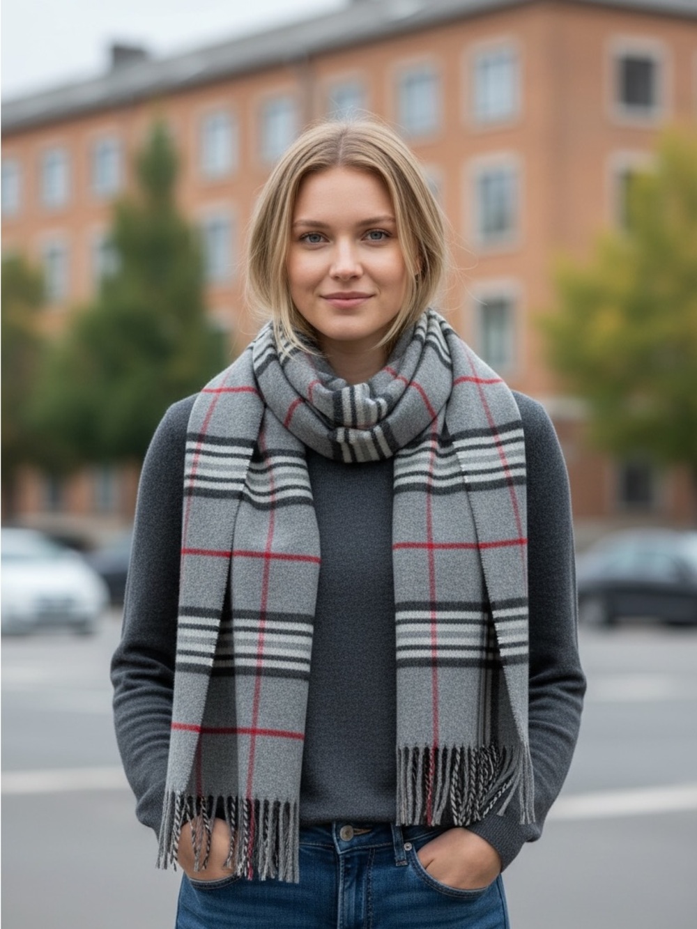 V. FRAAS Grey Plaid Fringe Scarf with Black & White Stripes